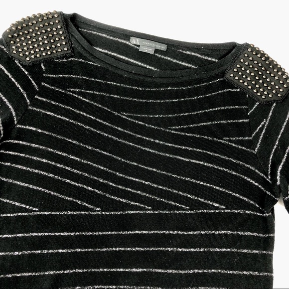 AX Armani Exchange Sweater Women’s M Studded Shoulders Metallic Stripes Designer - Picture 3 of 10